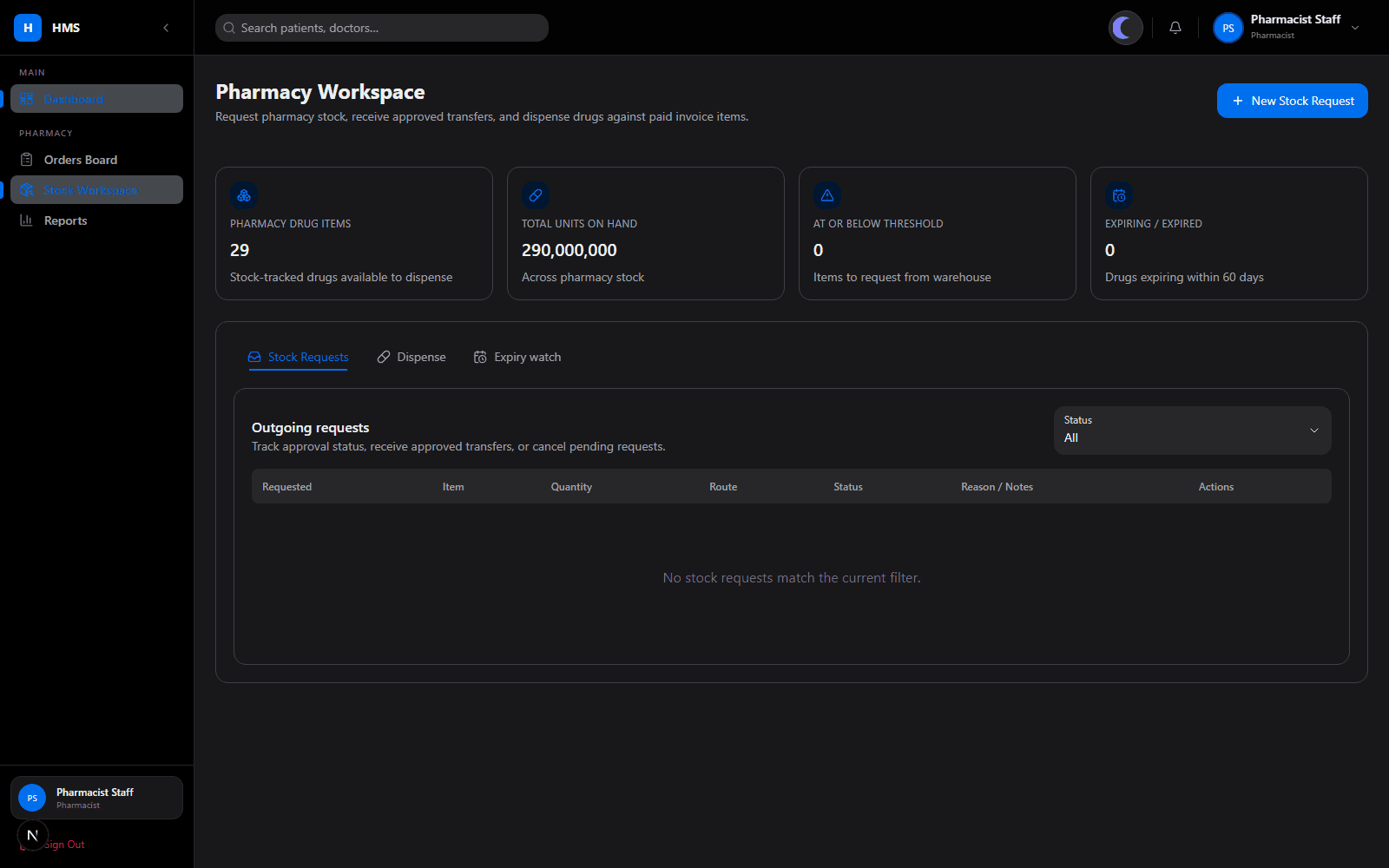 Pharmacy workspace: stock is requested from the warehouse and received as transfers, never edited directly.