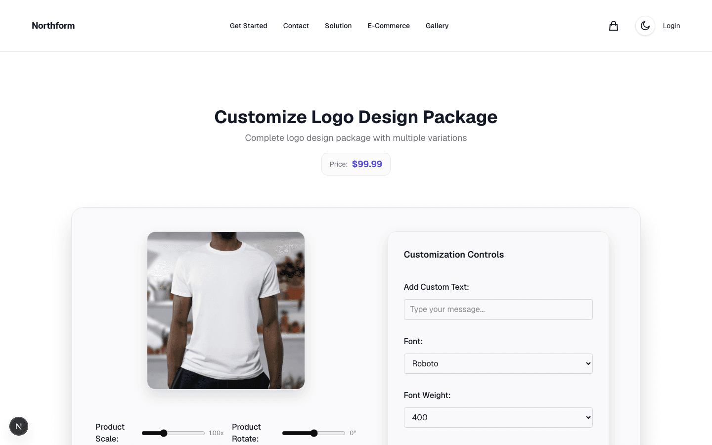 The customiser: live preview of the product with your own text, font, weight, scale and rotation, before anything is added to the cart.