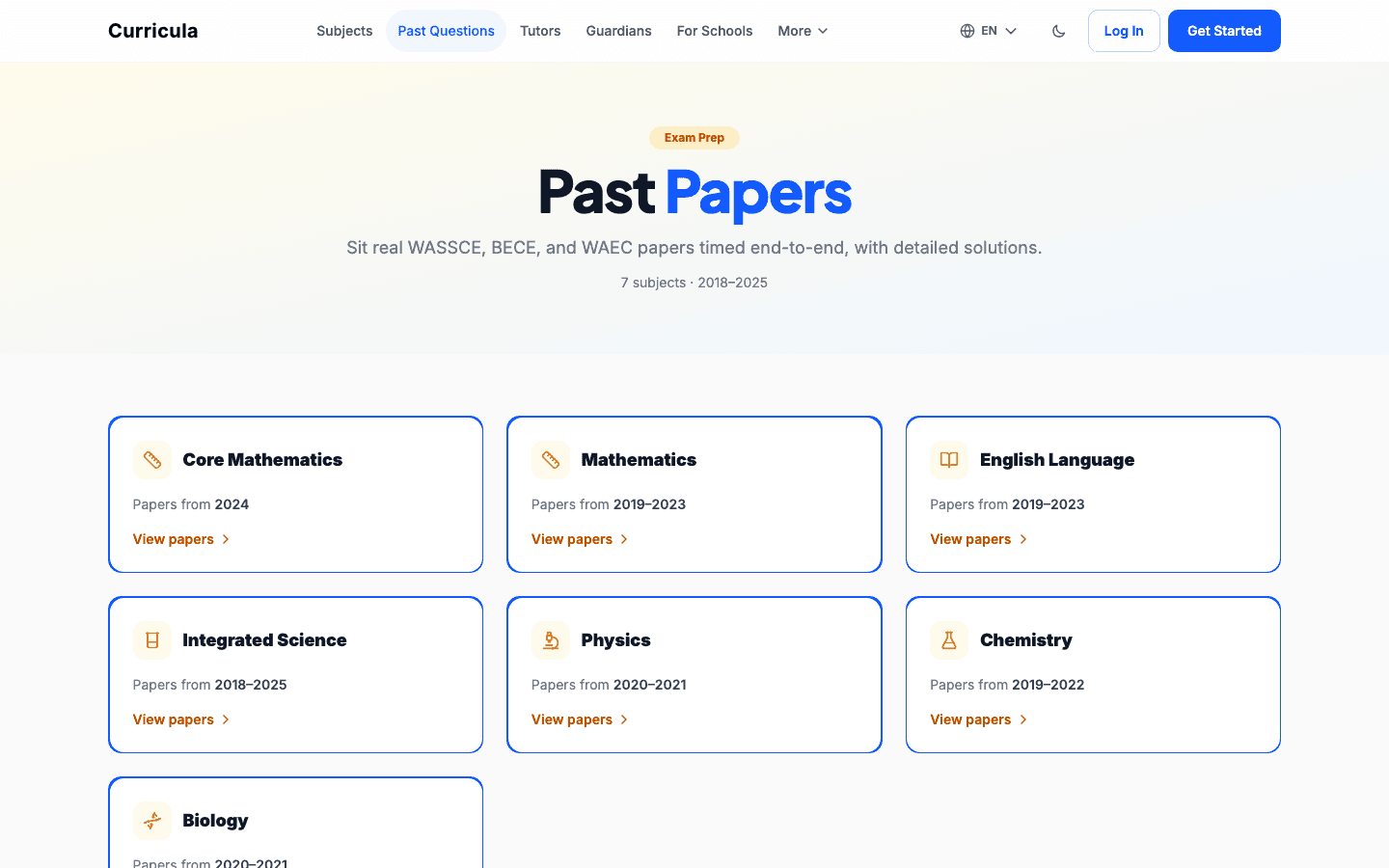Past papers, filed against the same curriculum as the lessons.