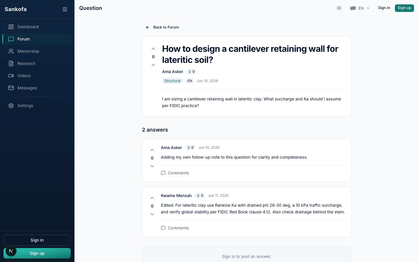 The wedge in practice: a real question about a cantilever retaining wall in lateritic soil, answered with drained phi, surcharge and a contract clause reference.